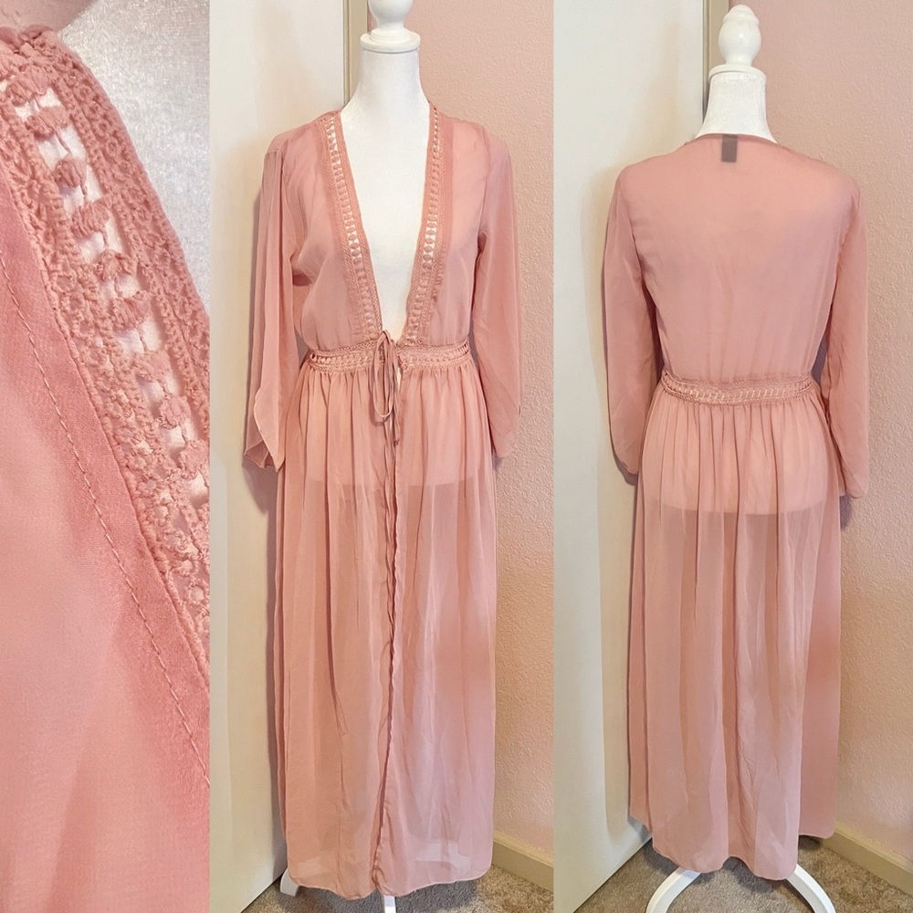 Dusty Pink Swim Coverup Robe with Knit/Crochet details